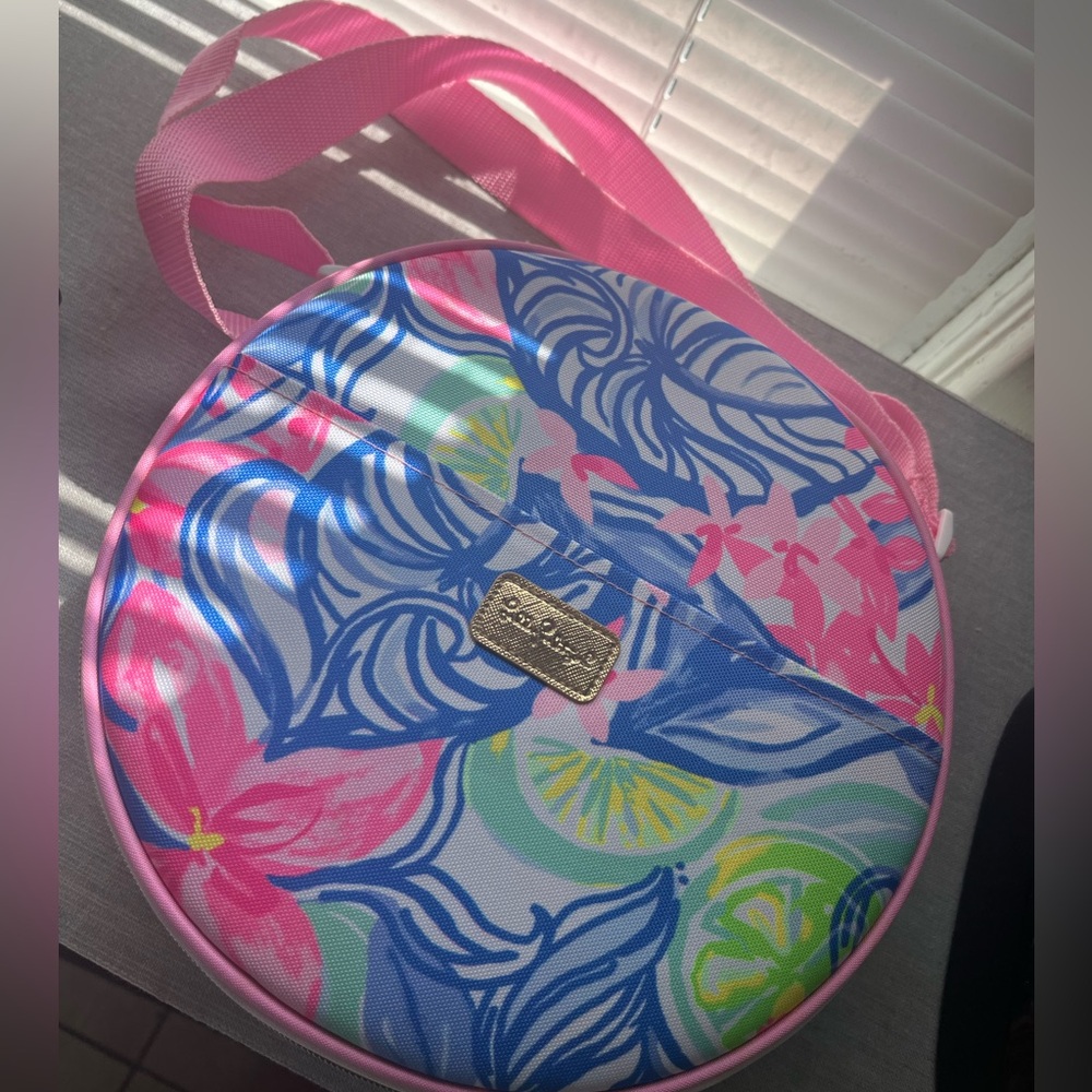 Lilly Pulitzer mini cooler with cups and silverware